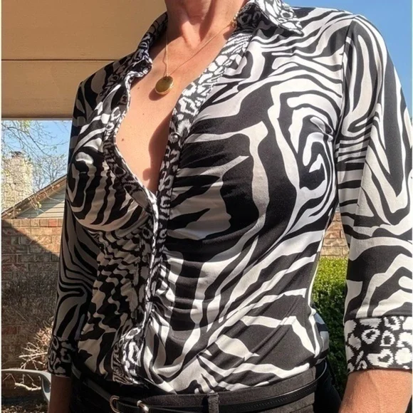 Mesmerize Zebra Print Blouse with Ruched Front and Rhinestone Button Detail - Picture 1 of 5